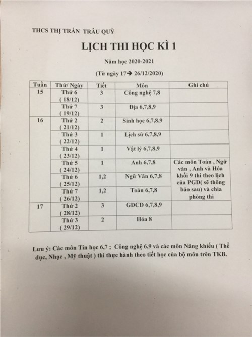 Lịch thi học kỳ I năm học 2020 - 2021